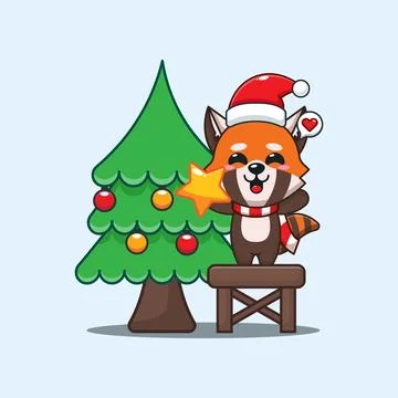 Cute red panda decorating the Christmas tree on Christmas day. Stock Illustration
