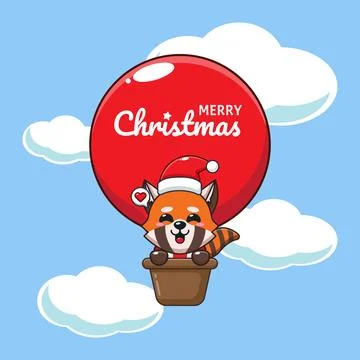 Cute red panda fly with air balloon in Christmas day. Stock Illustration
