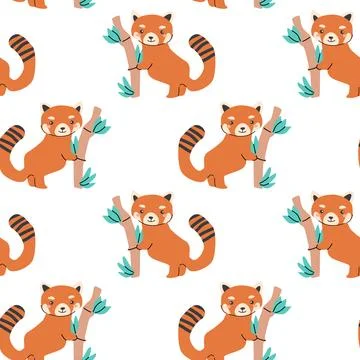 Cute red panda pattern with bamboo for kids room decor Stock Illustration
