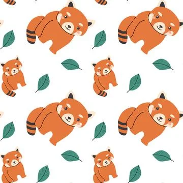 Cute red panda pattern with green leaves for wallpaper or textile design Stock Illustration