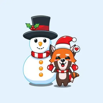 Cute red panda playing with Snowman in Christmas day. Stock Illustration