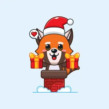 Cute red panda with santa hat holding Christmas gift box in the chimney. Stock Illustration