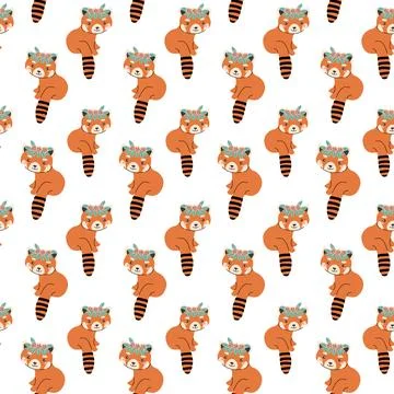 Cute red panda seamless pattern with floral accents for decorative design and Stock Illustration