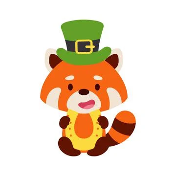 Cute red panda St. Patrick's Day leprechaun hat holds horseshoe. Irish holida Stock Illustration