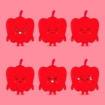 Cute Red Peppers with Various Expression Stock Illustration