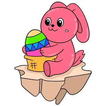 Cute red rabbit playing with easter eggs, doodle icon image kawaii Stock Illustration