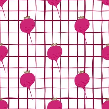Cute red radish seamless pattern on stripes background. Stock Illustration