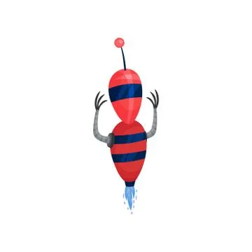 Cute red robot flying on fire. Vector illustration on white background. Stock Illustration