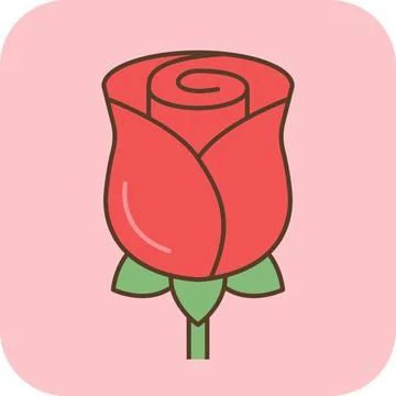 Cute red rose flower flat icon with thick outline on pastel background. Stock Illustration