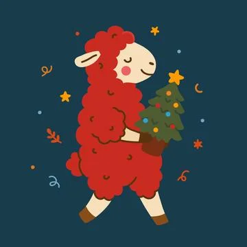 Cute red sheep decorating a Christmas tree for New Year 2027 Stock Illustration