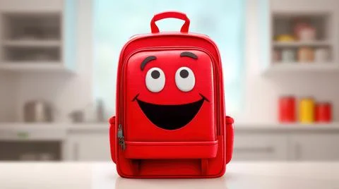 Cute red smiling backpack blurred kitchen background. School lunch box. Bac.. Stock Illustration