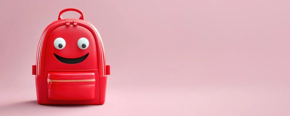 Cute red smiling backpack with pink background. Back to school concept. Stock Illustration