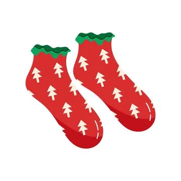 Cute red socks with small Christmas tree pattern hanging on clothesline vecto Illustrazione stock