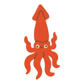 Cute red squid character vector illustration with wavy tentacles. Ocean animal Stock Illustration