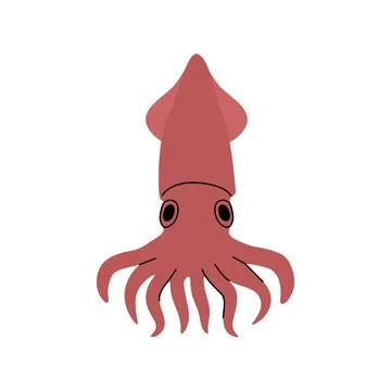 Cute red squid in flat cartoon style. Marine animal with tentacles, isolated on Stock Illustration