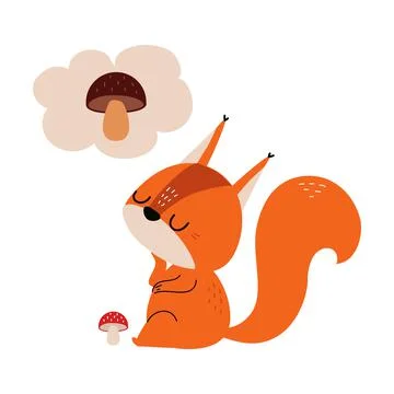 Cute Red Squirrel with Bushy Tail Dreaming About Mushroom Vector Illustration Stock Illustration