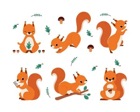 Cute Red Squirrel with Bushy Tail Vector Illustration Set イラスト素材