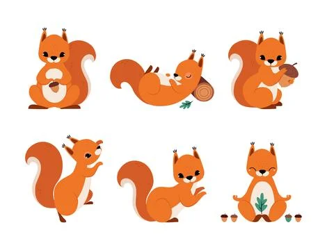 Cute Red Squirrel with Bushy Tail Vector Illustration Set イラスト素材