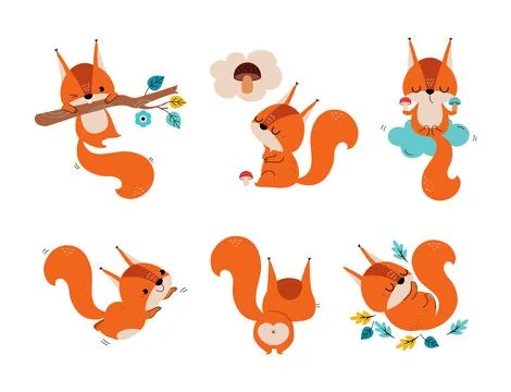 Cute Red Squirrel with Bushy Tail Vector Illustration Set Stock Illustration