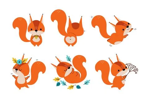 Cute Red Squirrel with Bushy Tail Vector Illustration Set イラスト素材