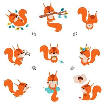 Cute Red Squirrel Dancing and Swinging on Tree Branch Vector Set Stock Illustration