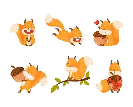 Cute red squirrel in different everyday activities set. Funny little forest Illustrazione stock