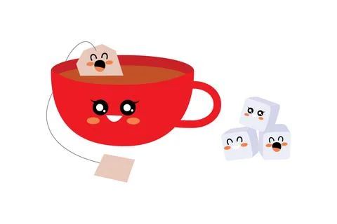Cute red tea cup with happy tea bag character for refreshment Stock Illustration