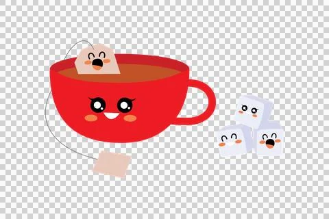 Cute red teacup with a cheerful tea bag character and kawaii sugar cubes Stock Illustration