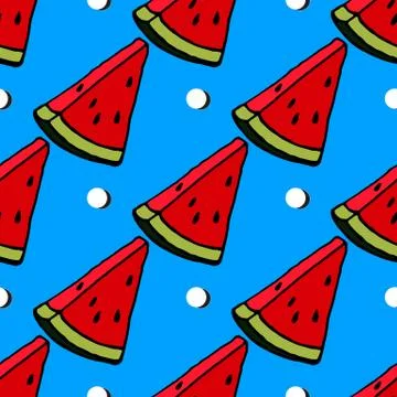 Cute red watermelon slice design on striped blue background, seamless, pattern Stock Illustration