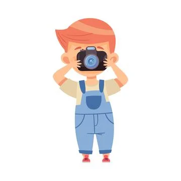 Cute Redhead Boy Holding Camera and Taking Photo Vector Illustration Ilustración de archivo