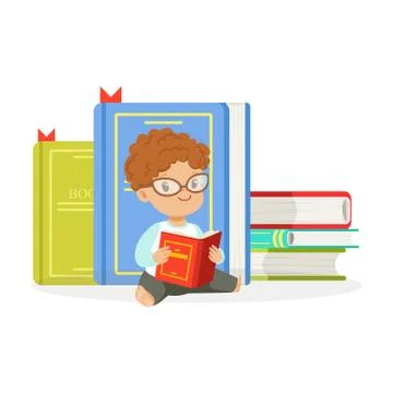 Cute redhead boy reading a book next to a pile of books, kid enjoying reading Stock Illustration