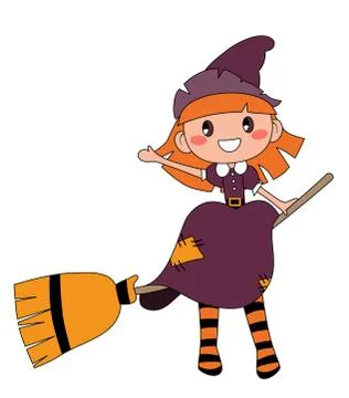 Cute redheaded witch sitting on a broom isolated on white background Illustrazione stock