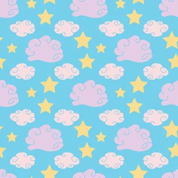 Cute repeat pattern pink clouds and stars on blue sky Stockillustratie