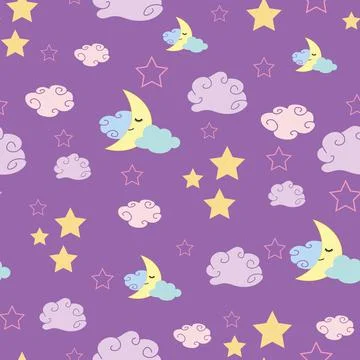 Cute repeat pattern of smiling moon, clouds and stars on purple background イラスト素材