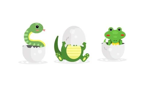 Cute Reptile Hatching from Cracked Egg Vector Set Stock Illustration