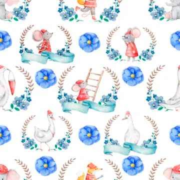 Cute rescue animals in frames blue flowers. Wild zoo in floral frames waterco Stock Illustration