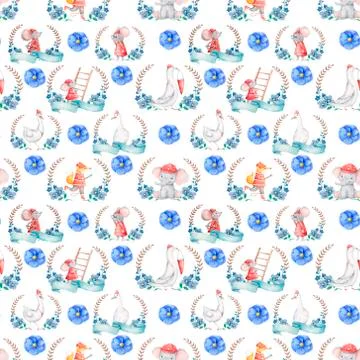 Cute rescue animals in frames blue flowers. Wild zoo in floral frames waterco Stock Illustration