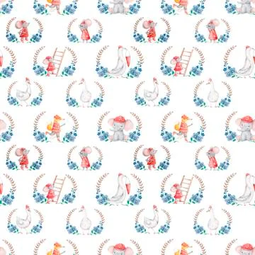 Cute rescue animals in frames blue flowers. Wild zoo in floral frames waterco Stock Illustration