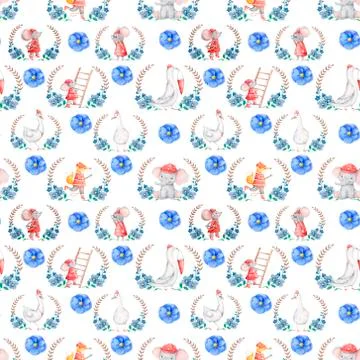 Cute rescue animals in frames blue flowers. Wild zoo in floral frames watercolor Illustrazione stock