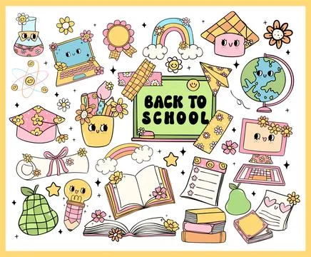 Cute Retro back to school Groovy school supplies elements cartoon doodle dr.. Stock Illustration