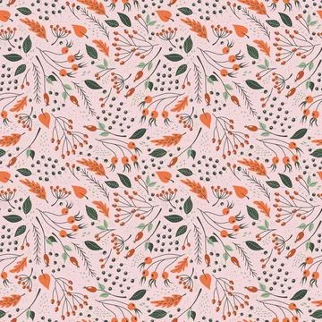 Cute retro background with falling leaves, berries and tree branches Stock Illustration