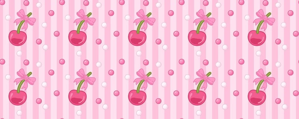 Cute Retro Cherry Bow Gingham Seamless Pattern Pink Valentine Design Stock Illustration