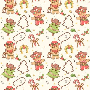 Cute Retro Christmas seamless pattern Cowboy sheriff gingerbread man hand d.. Illustrazione stock
