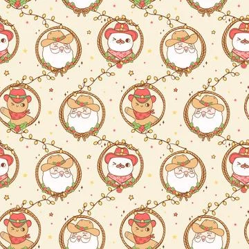 Cute Retro Christmas seamless pattern Cowboy happy Santa, snowman and ginge.. Illustrazione stock