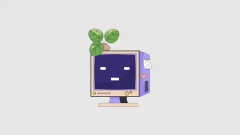 Cute retro computer with pixel smile and houseplant 2D cartoon animation Stock Footage 347367349