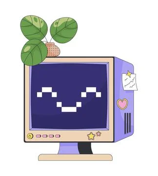 Cute retro computer with pixel smile and houseplant 2D cartoon clip art Stock Illustration