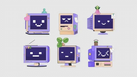 Cute retro computers with pixel faces and vintage monitors 2D cartoon animations Stock Footage 347118352