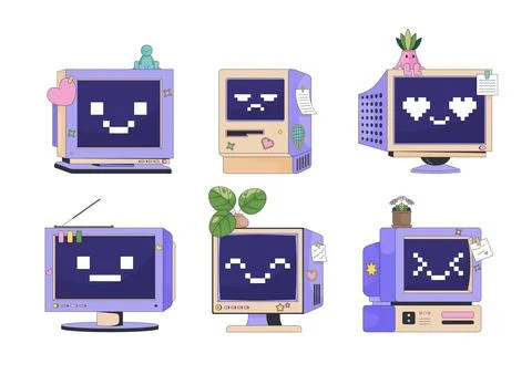 Cute retro computers with pixel faces and vintage monitors cartoon clip art s Stock Illustration