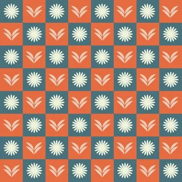 Cute retro flower element in teal and terracotta with checkered gingham pattern Stock Illustration