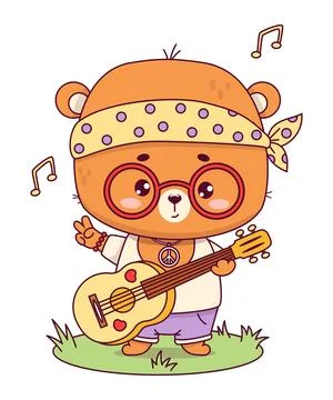 Cute retro groovy hippy bear boy with guitar. Funny animal kawaii character.. Stock Illustration